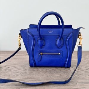 Celine Nano Luggage Bag - Blue Drummed Leather with Crossbody Strap